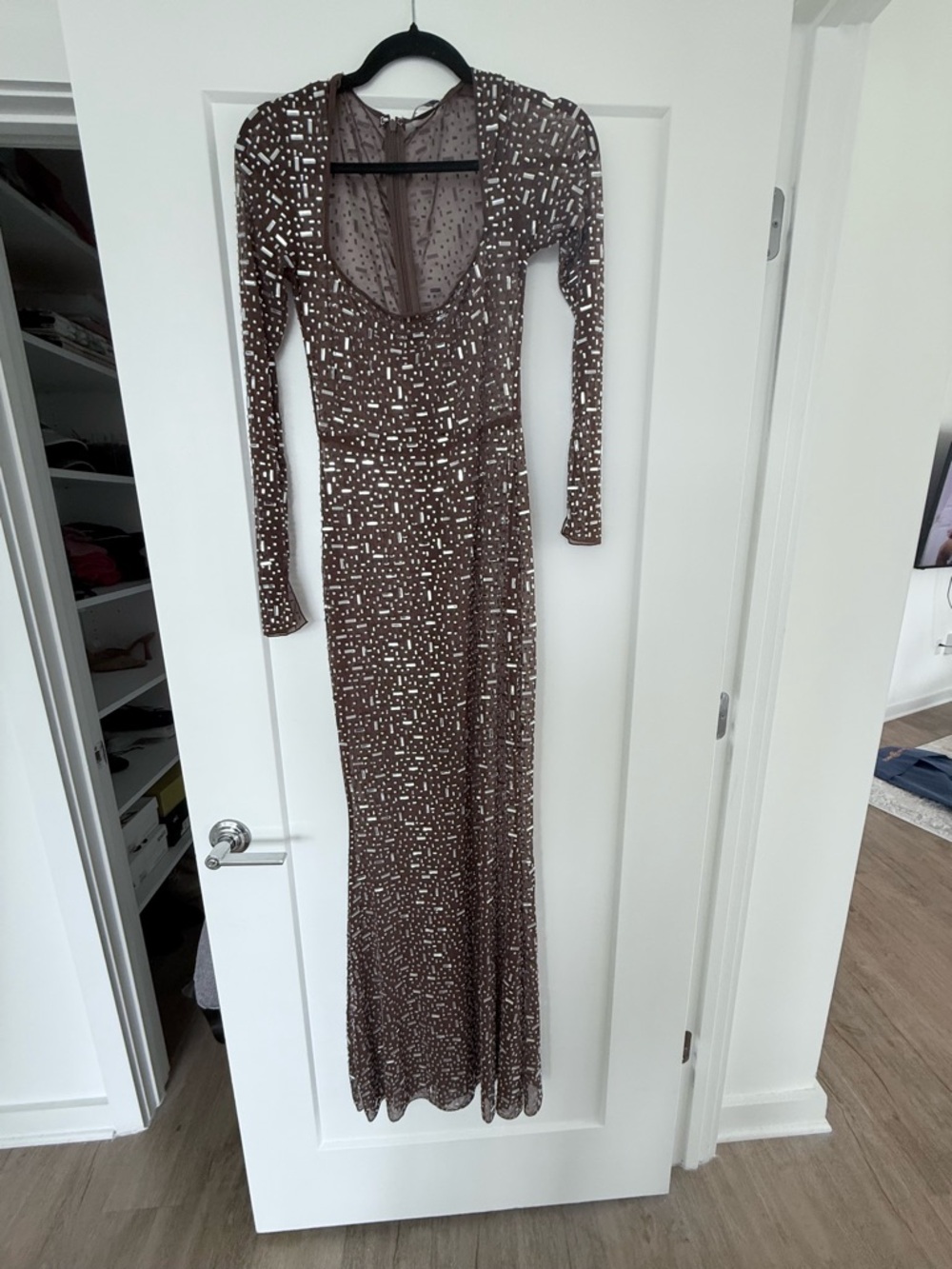 Oh Polly Brown Long Sleeve Geometric Maxi Dress